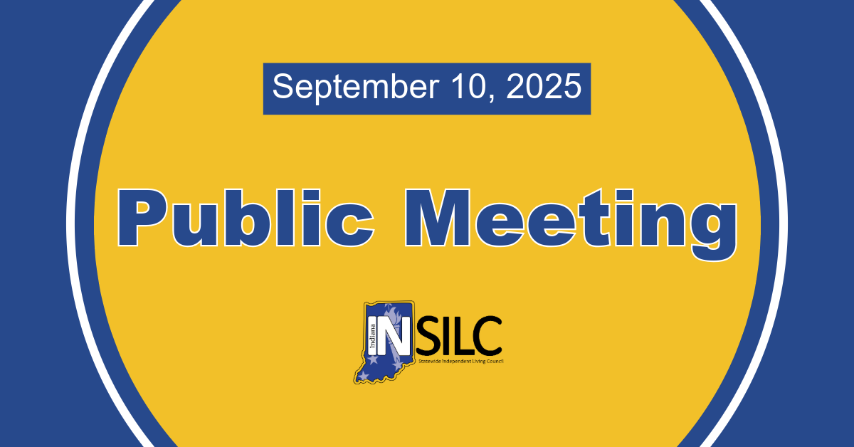 Navy blue background, white circle ring around a golden yellow circle, inside the circle is the text from top to bottom, "September 10, 2025 Public Meeting" with the INSILC logo at the center bottom