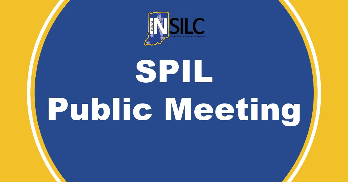 Graphic with a blue circle on a yellow background. Inside the circle is the INSILC logo at the top and bold white text that reads: “SPIL Public Meeting.”
