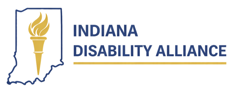 Logo for the Indiana Disability Alliance, featuring the outline of the state of Indiana with a gold torch and the organization’s name in blue.